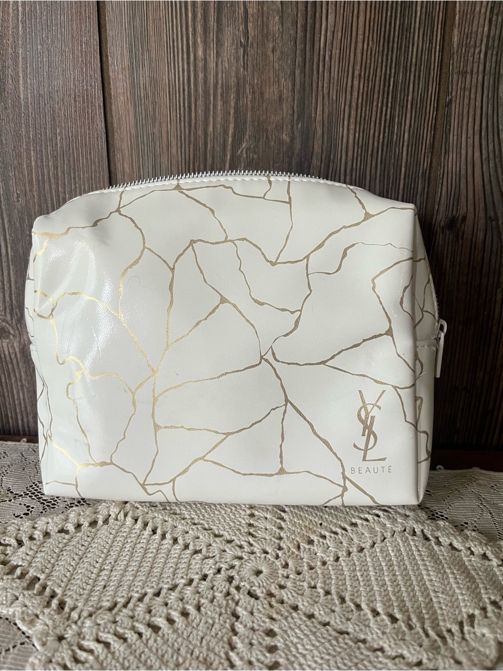 Yves Saint Laurent White & Gold Veined Cosmetic Bag